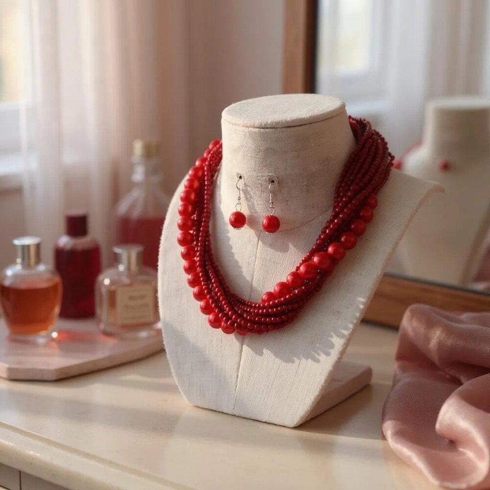 Multi Strand Red Necklace Earring